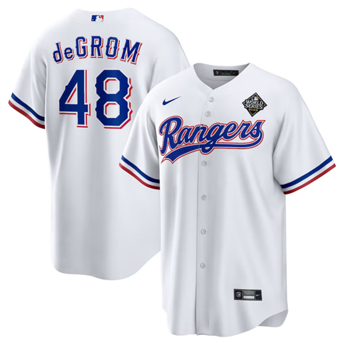 Personalized Men’s Texas Rangers #48 Jacob DeGrom White 2023 World Series Cool Base Stitched Baseball Jersey