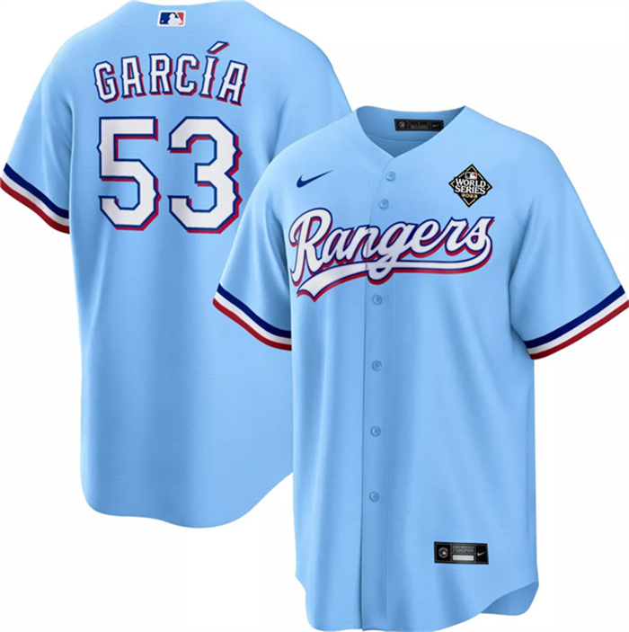 Personalized Men’s Texas Rangers #53 Adolis García Blue 2023 World Series Cool Base Stitched Baseball Jersey