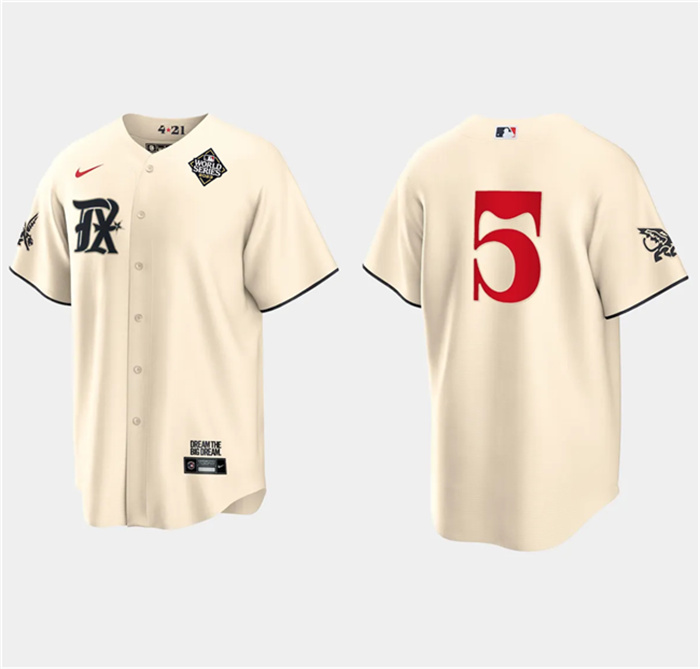 Personalized Men’s Texas Rangers #5 Corey Seager Cream 2023 World Series City Connect Stitched Baseball Jersey