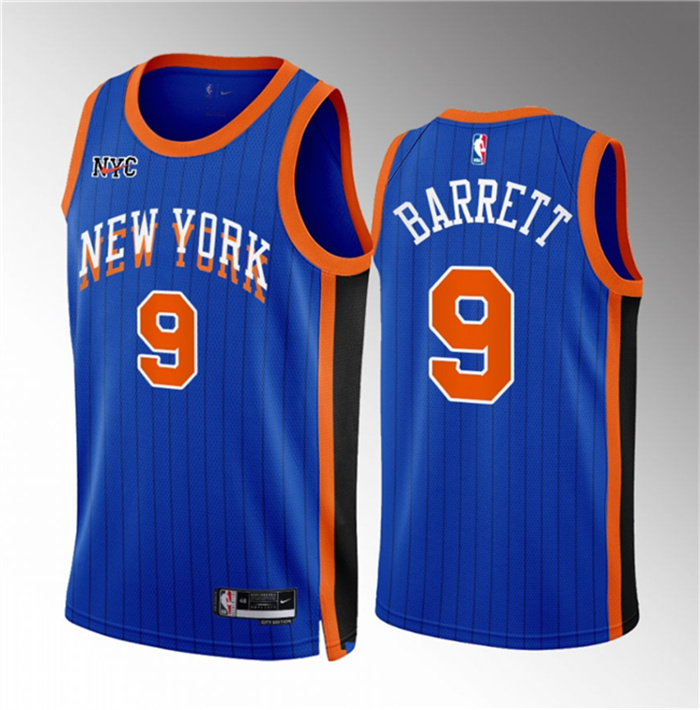 Personalized Men’s New Yok Knicks #9 RJ Barrett Blue 2023 24 City Edition Stitched Basketball Jersey
