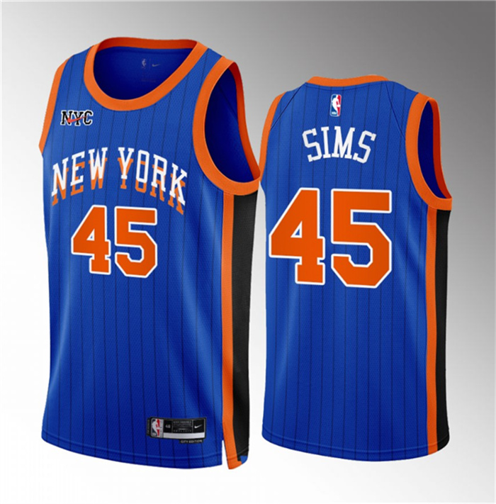 Personalized Men’s New Yok Knicks #45 Jericho Sims Blue 2023 24 City Edition Stitched Basketball Jersey