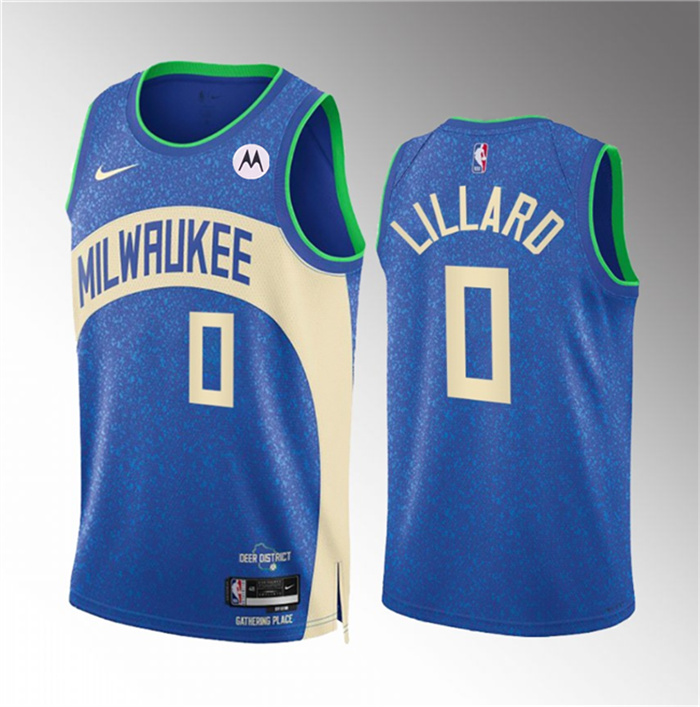 Personalized Men’s Milwaukee Bucks #0 Damian Lillard 2023 24 Blue City Edition Stitched Basketball Jersey