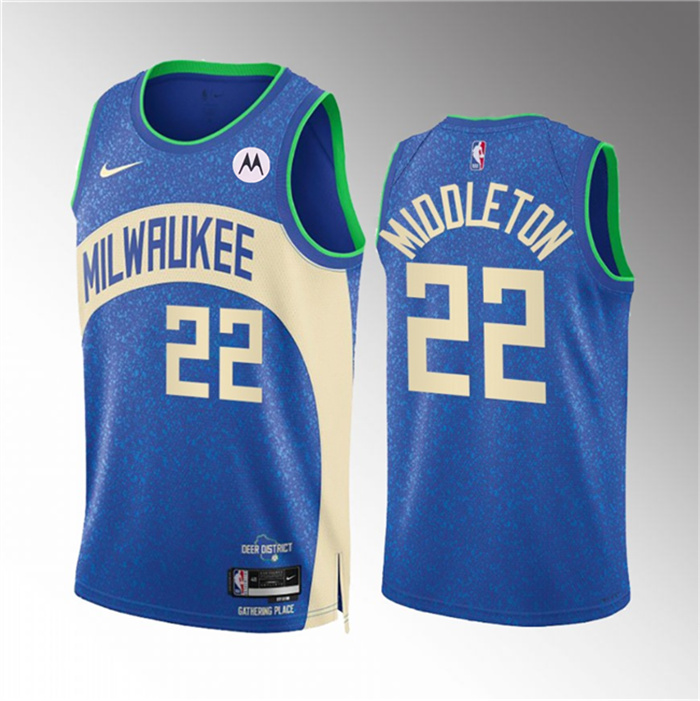 Personalized Men’s Milwaukee Bucks #22 Khris Middleton 2023 24 Blue City Edition Stitched Basketball Jersey