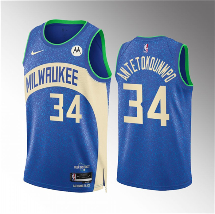 Personalized Men’s Milwaukee Bucks #34 Giannis Antetokounmpo 2023 24 Blue City Edition Stitched Basketball Jersey