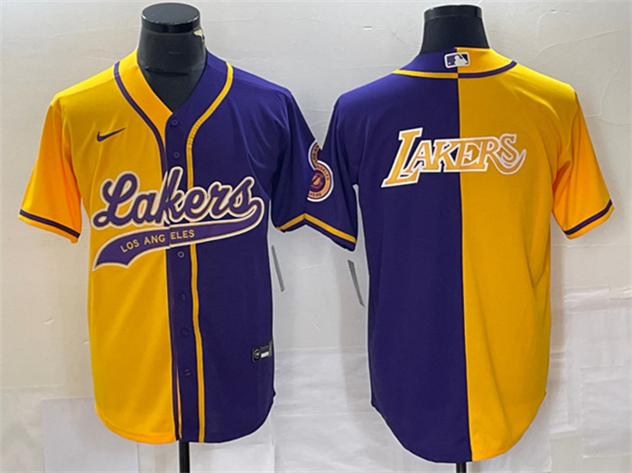 Personalized Men’s Los Angeles Lakers Gold Purple Split Team Big Logo Cool Base Stitched Baseball Jerseys