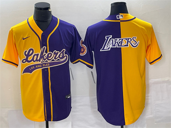 Personalized Men’s Los Angeles Lakers Gold Purple Split Team Big Logo Cool Base Stitched Baseball Jersey 1