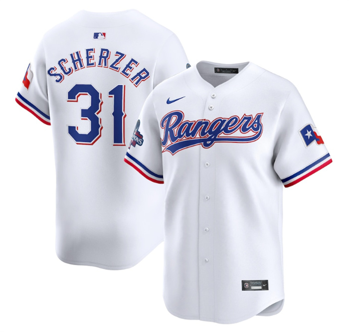 Personalized Men’s Texas Rangers #31 Max Scherzer White 2023 World Series Champions Stitched Baseball Jersey