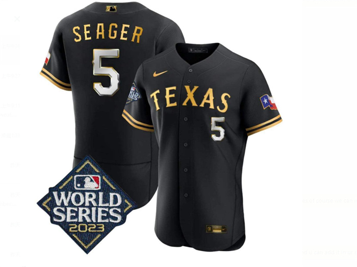 Personalized Men’s Texas Rangers #5 Corey Seager Black Gold 2023 World Series Flex Base Stitched Baseball Jersey