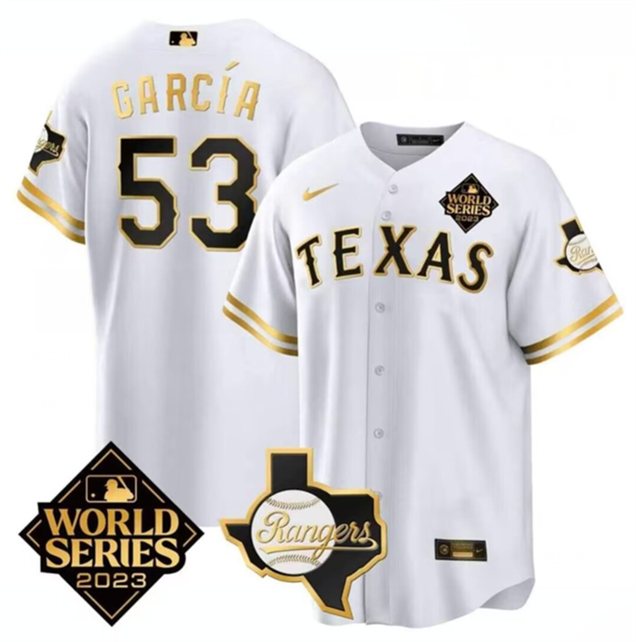 Personalized Men’s Texas Rangers & Cowboys #53 Adolis García White 2023 World Series Splite Stitched Baseball Jersey