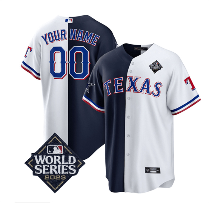 Personalized Men’s Texas Rangers & Cowboys Active Player Navy White Splite 2023 World Series Splite Stitched Baseball Jersey