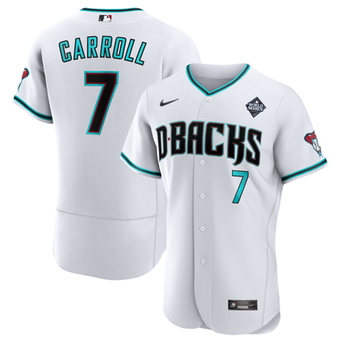 Personalized Men’s Arizona Diamondbacks #7 Corbin Carroll White 2023 World Series Flex Base Stitched Jersey