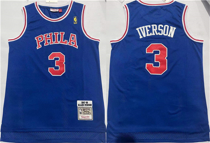 Personalized Men’s Philadelphia 76ers #3 Allen Iverson Blue Throwback Stitched Basketball Jersey