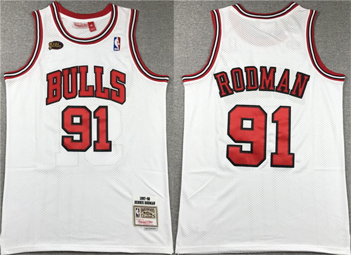 Personalized Men’s Chicago Bulls #91 Dennis Rodman White 1997-98 Stitched Basketball Jersey