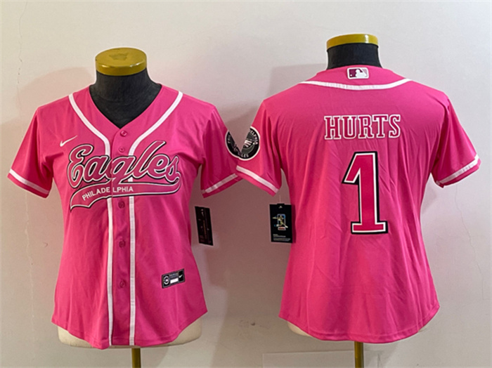 Personalized Women’s Philadelphia Eagles #1 Jalen Hurts Pink Cool Base Stitched Baseball Jersey(Run Small)