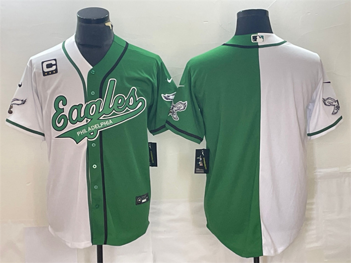 Personalized Men’s Philadelphia Eagles Blank Green White Split With 3-Star C Patch Cool Base Stitched Baseball Jersey