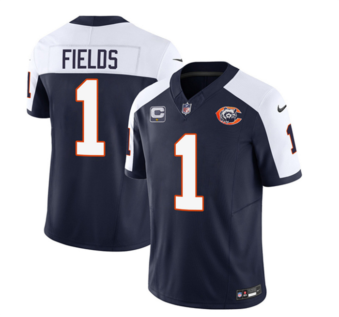 Personalized Men’s Chicago Bears #1 Justin Fields Navy White 2023 F.U.S.E. With 1-Star C PatchThrowback Limited Stitched Football Jersey