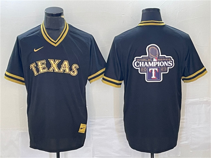 Personalized Men’s Texas Rangers Black 2023 World Series Champions Big Logo Cool Base Stitched Baseball Jersey