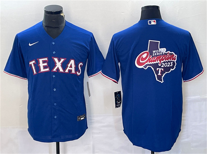 Personalized Men’s Texas Rangers Royal 2023 World Series Champions Big Logo Cool Base Stitched Baseball Jersey