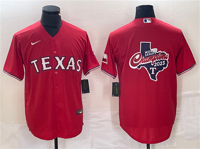 Personalized Men’s Texas Rangers Red 2023 World Series Champions Big Logo With Patch Cool Base Stitched Baseball Jersey