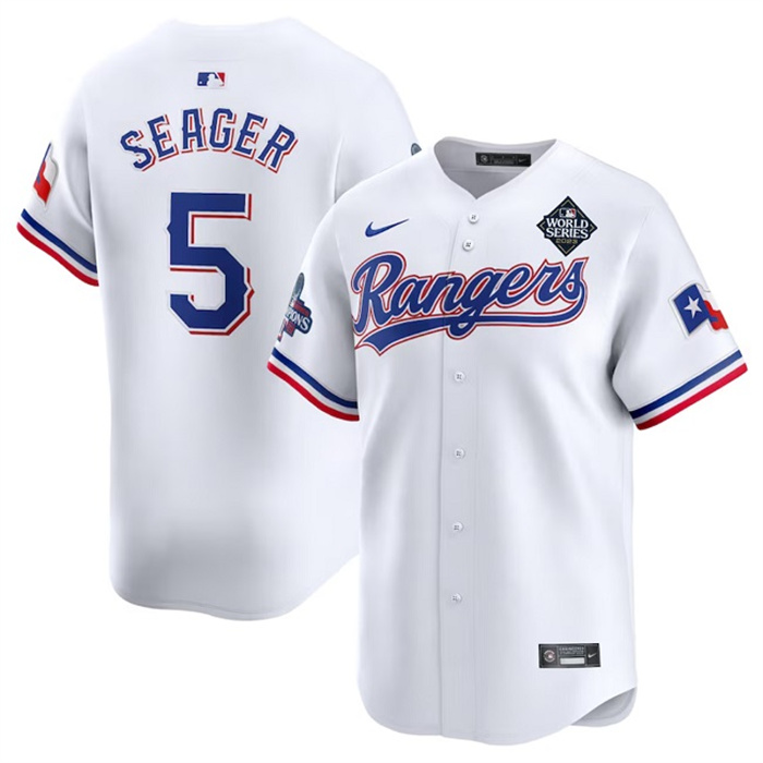 Personalized Men’s Texas Rangers #5 Corey Seager White 2023 World Series Patch And Champions Patch Stitched Baseball Jersey