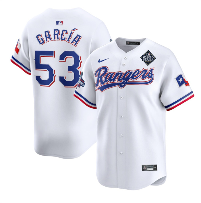 Personalized Men’s Texas Rangers #53 Adolis García White 2023 World Series Patch And Champions Patch Stitched Baseball Jersey