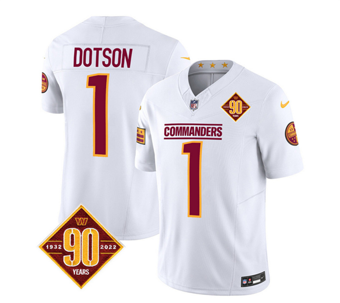 Personalized Men’s Washington Commanders #1 Jahan Dotson White 2023 F.U.S.E. 90th Anniversary Limited Stitched Football Jersey