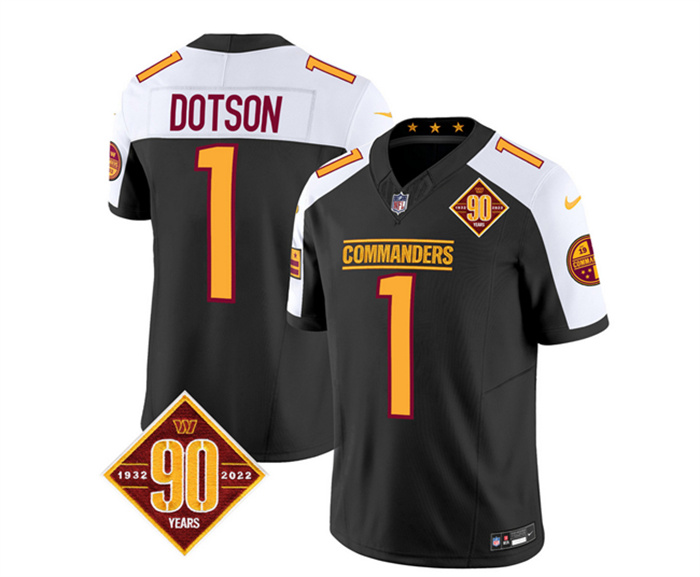 Personalized Men’s Washington Commanders #1 Jahan Dotson Black White 2023 F.U.S.E. 90th Anniversary Limited Stitched Football Jersey