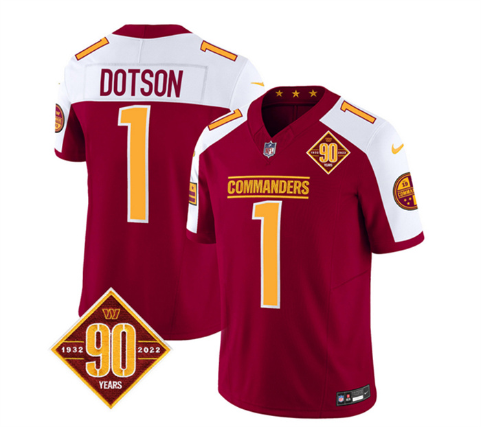 Personalized Men’s Washington Commanders #1 Jahan Dotson Burgundy White 2023 F.U.S.E. 90th Anniversary Limited Stitched Football Jersey