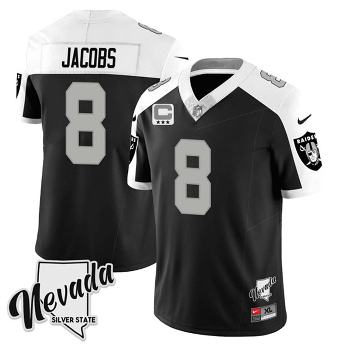 Personalized Men’s Las Vegas Raiders #8 Josh Jacobs Black White 2023 F.U.S.E Nevada Silver Stat With 3-Star C Patch Stitched Football Jersey