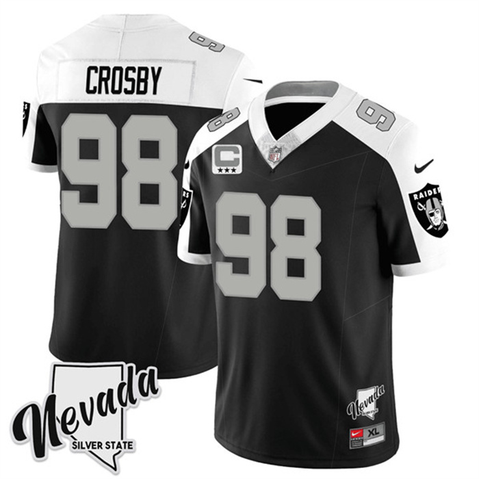 Personalized Men’s Las Vegas Raiders #98 Maxx Crosby Black White 2023 F.U.S.E Nevada Silver Stat With 3-Star C Patch Stitched Football Jersey