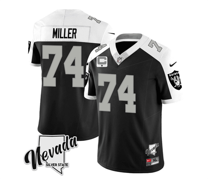 Personalized Men’s Las Vegas Raiders #74 Kolton Miller Black White 2023 F.U.S.E Nevada Silver Stat With 1-Star C Patch Stitched Football Jersey