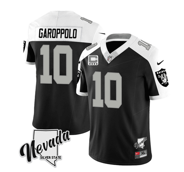 Personalized Men’s Las Vegas Raiders #10 Jimmy Garoppolo Black White 2023 F.U.S.E Nevada Silver Stat With 4-Star C Patch Stitched Football Jersey