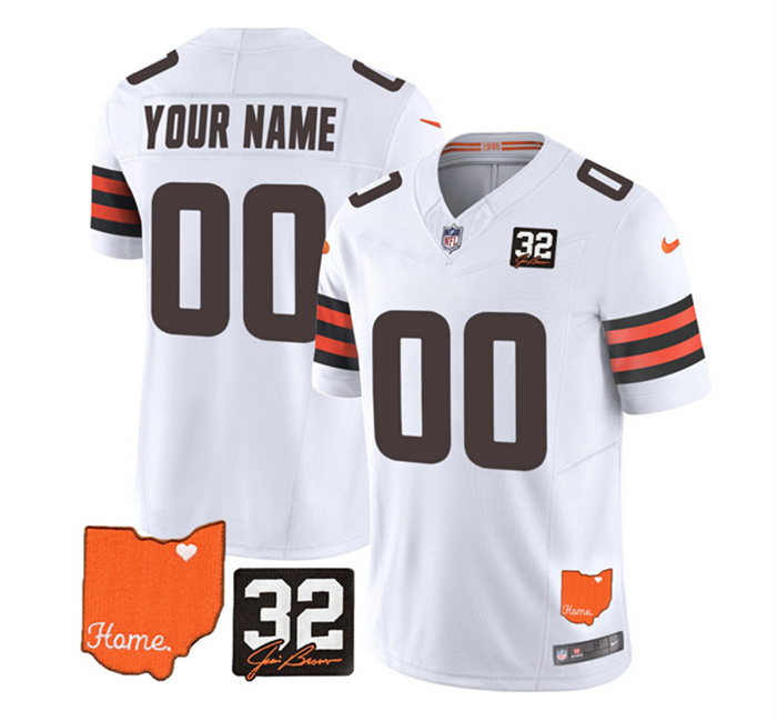 Personalized Men’s Cleveland Browns Active Player White 2023 F.U.S.E. With Jim Brown Memorial Patch Untouchable Limited Stitched Jersey