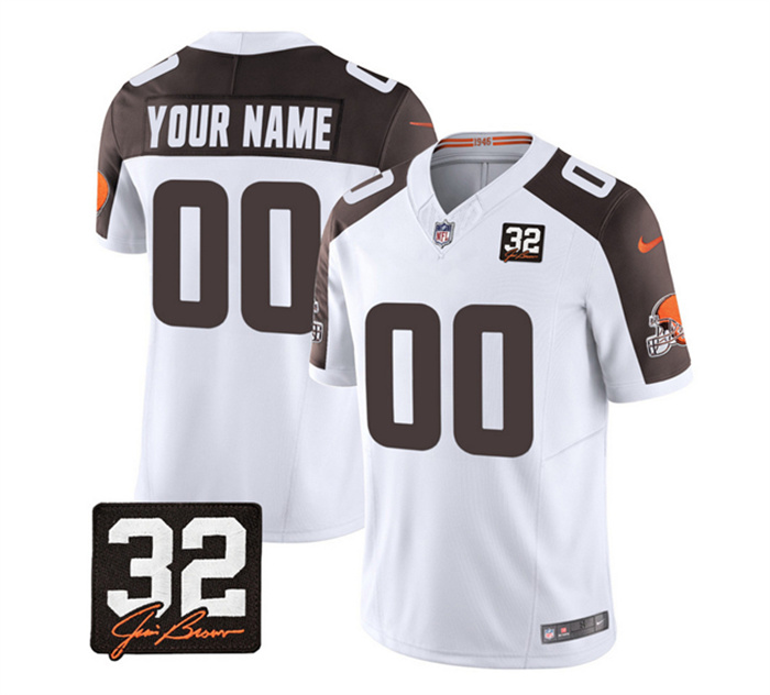 Personalized Men’s Cleveland Browns Active Player White Brown 2023 F.U.S.E. With Jim Brown Memorial Patch Untouchable Limited Stitched Jersey