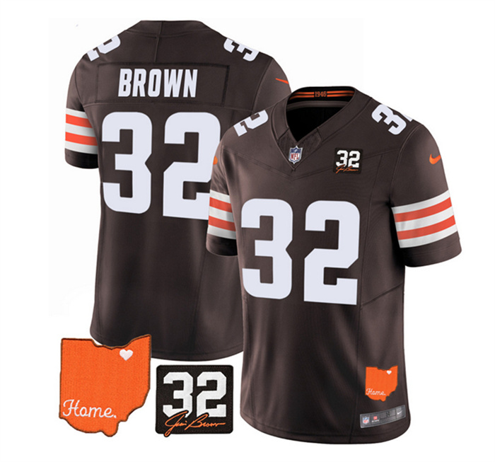 Personalized Men’s Cleveland Browns #32 Jim Brown Brown 2023 F.U.S.E. With Jim Brown Memorial Patch Untouchable Limited Stitched Jersey