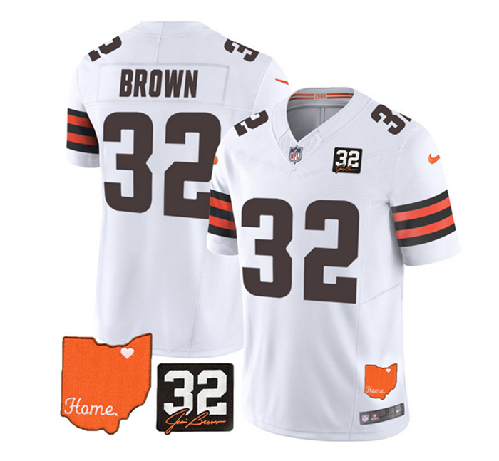 Personalized Men’s Cleveland Browns #32 Jim Brown White 2023 F.U.S.E. With Jim Brown Memorial Patch Untouchable Limited Stitched Jersey