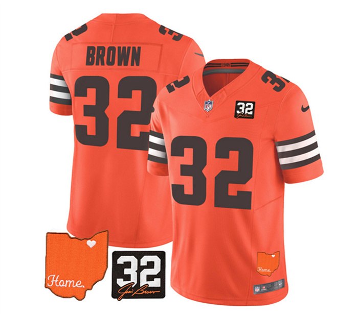 Personalized Men’s Cleveland Browns #32 Jim Brown Orange 2023 F.U.S.E. With Jim Brown Memorial Patch Untouchable Limited Stitched Jersey