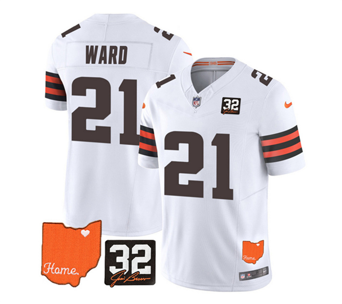 Personalized Men’s Cleveland Browns #21 Denzel Ward White 2023 F.U.S.E. With Jim Brown Memorial Patch Untouchable Limited Stitched Jersey