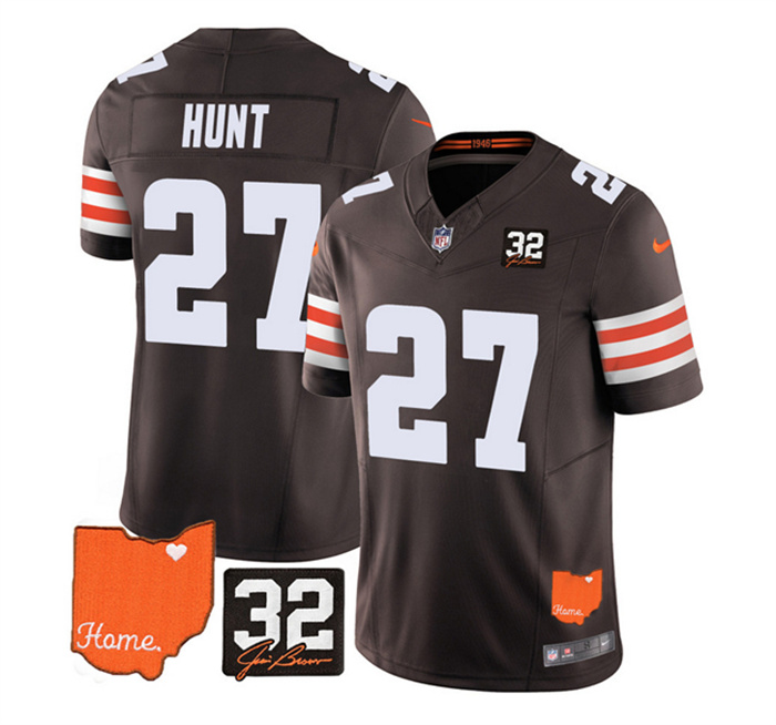 Personalized Men’s Cleveland Browns #27 Kareem Hunt Brown 2023 F.U.S.E. With Jim Brown Memorial Patch Untouchable Limited Stitched Jersey