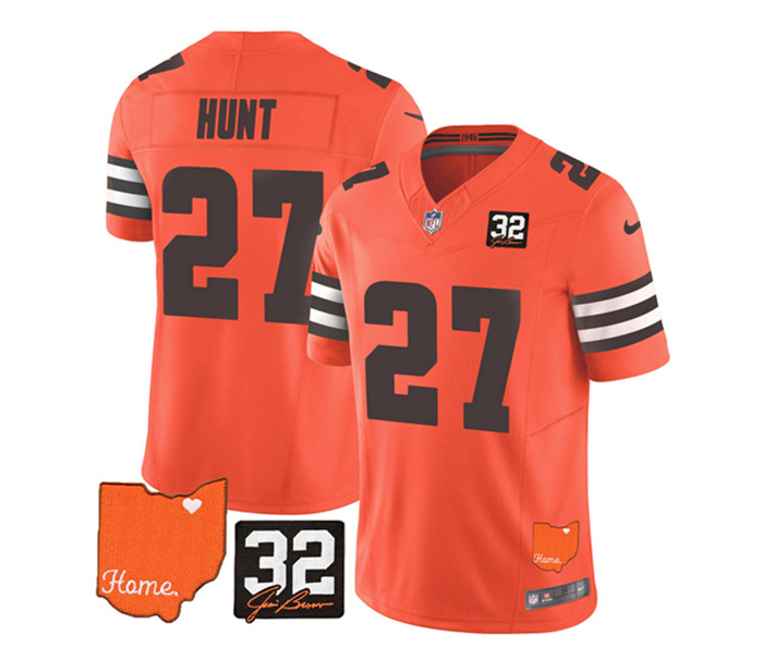 Personalized Men’s Cleveland Browns #27 Kareem Hunt Orange 2023 F.U.S.E. With Jim Brown Memorial Patch Untouchable Limited Stitched Jersey