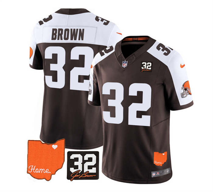 Personalized Men’s Cleveland Browns #32 Jim Brown Brown White 2023 F.U.S.E. With Jim Brown Memorial Patch Untouchable Limited Stitched Jersey
