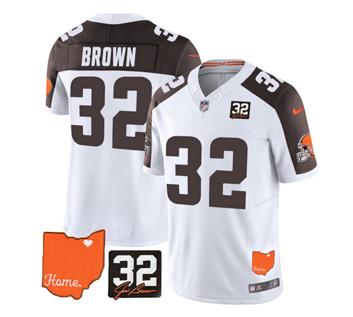 Personalized Men’s Cleveland Browns #32 Jim Brown White Brown 2023 F.U.S.E. With Jim Brown Memorial Patch Untouchable Limited Stitched Jersey
