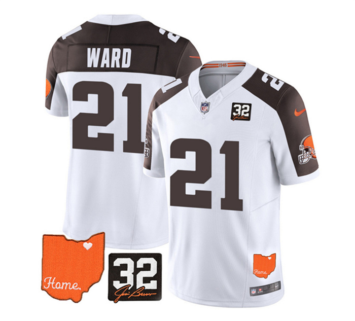 Personalized Men’s Cleveland Browns #21 Denzel Ward White Brown 2023 F.U.S.E. With Jim Brown Memorial Patch Untouchable Limited Stitched Jersey