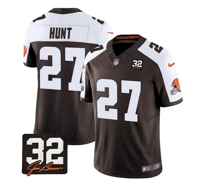 Personalized Men’s Cleveland Browns #27 Kareem Hunt Brown White 2023 F.U.S.E. With Jim Brown Memorial Patch Untouchable Limited Stitched Jersey