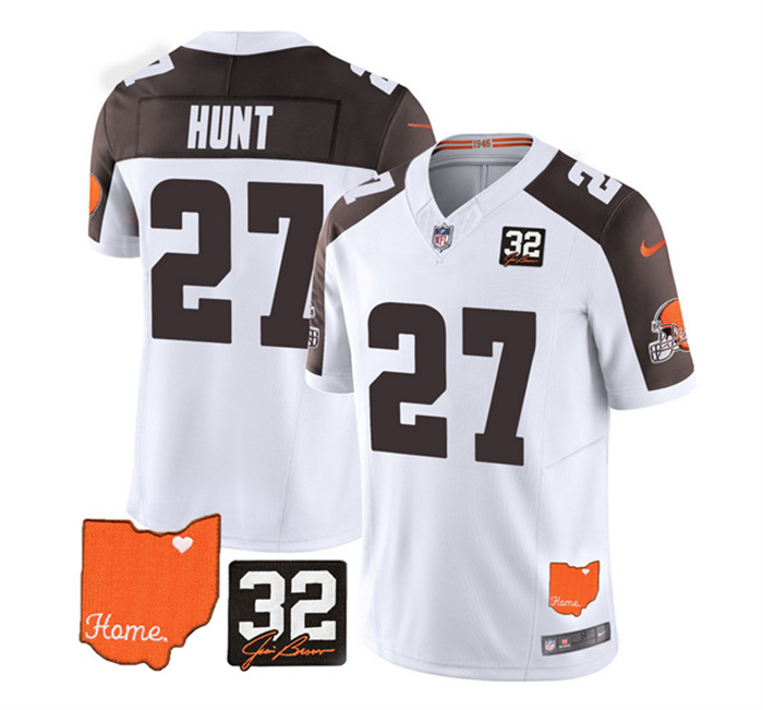 Personalized Men’s Cleveland Browns #27 Kareem Hunt White Brown 2023 F.U.S.E. With Jim Brown Memorial Patch Untouchable Limited Stitched Jersey