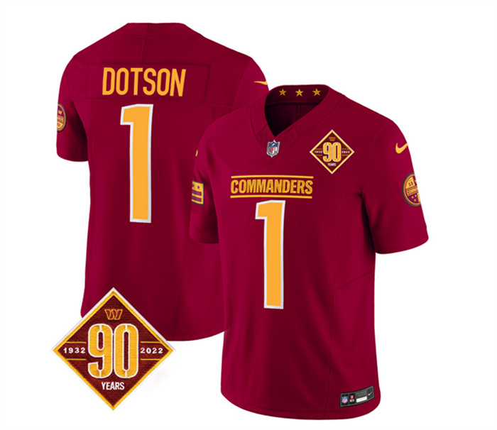 Personalized Men’s Washington Commanders #1 Jahan Dotson Burgundy 2023 F.U.S.E. 90th Anniversary Limited Stitched Football Jersey