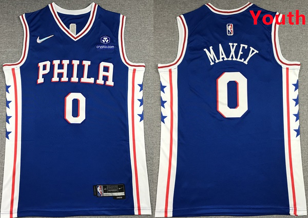 Personalized Youth Philadelphia 76ers #0 Tyrese Maxey Royal 75th Anniversary Icon Edition Swingman Stitched Jersey