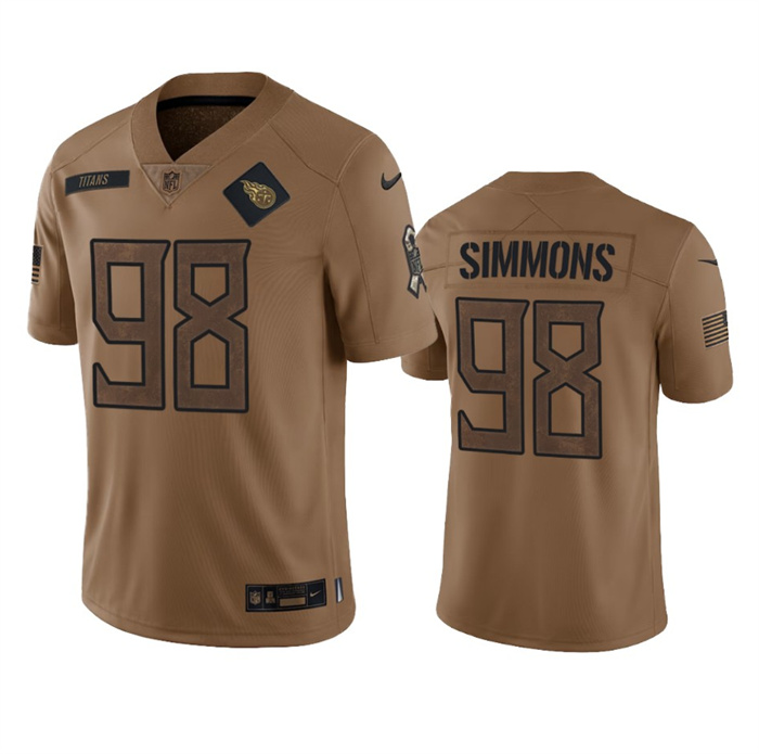 Personalized Men’s Tennessee Titans #98 Jeffery Simmons 2023 Brown Salute To Service Stitched Football Jersey