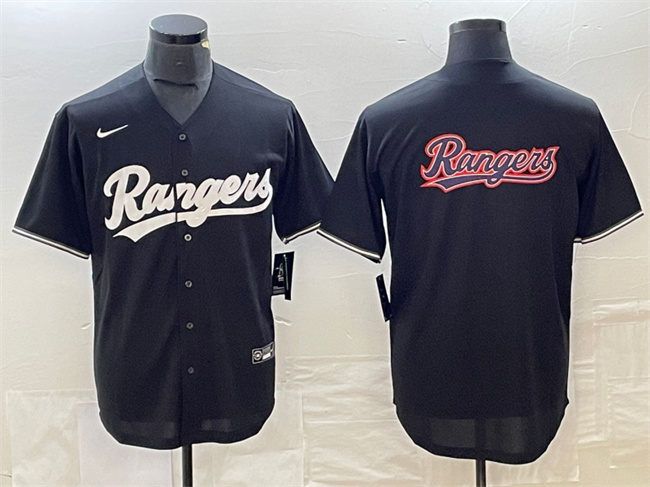 Personalized Men’s Texas Rangers Black Team Big Logo Cool Base Stitched Baseball Jersey