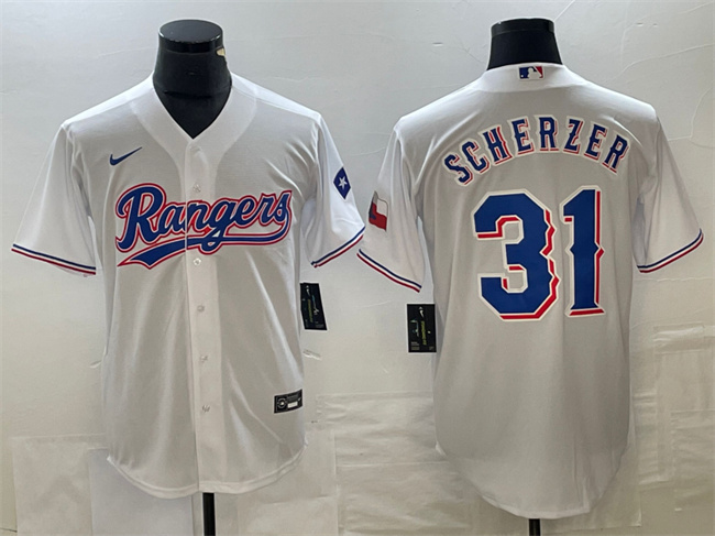 Personalized Men’s Texas Rangers #31 Max Scherzer White With Patch Cool Base Stitched Baseball Jersey